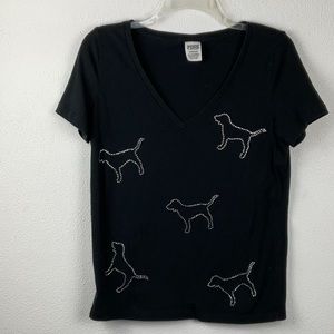 Victoria’s Secret short sleeve, V-neck, black T-shirt with jeweled dogs.  B